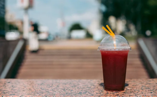 Red Raspberry Drink Plastic Glass Straw — Stock Photo, Image