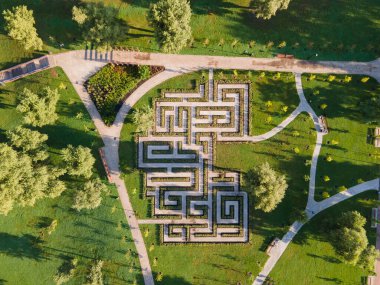 Parktaki çalıların labirentinin havadan görünüşü