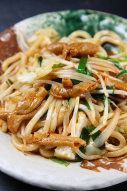 İç organlı kızarmış udon eriştesi.