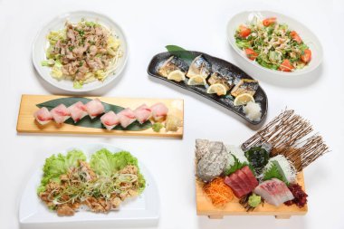 Japon yemek yemeklerinin grup fotoğrafı.