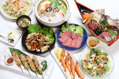 Asya yemeklerinin grup fotoğrafı.