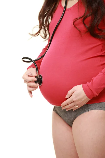 Mujer Embarazada Escuchar Para Vientre Por Estetoscopio — Foto de Stock