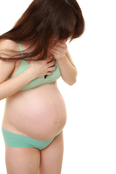 Mulher Grávida Sente Como Vômito Isolado Fundo Branco — Fotografia de Stock