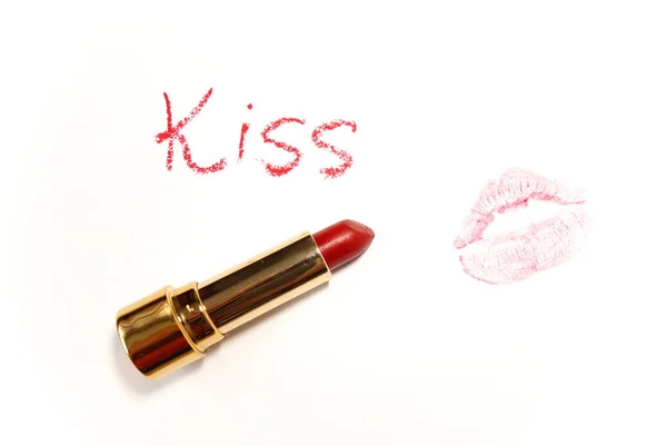 Red Lipstick Word English Made Lipstick Lips Mark White Surface — Stock Photo, Image
