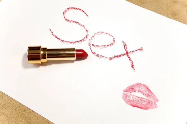 Red Lipstick Word English Made Lipstick Lips Mark White Surface — Stock Photo, Image