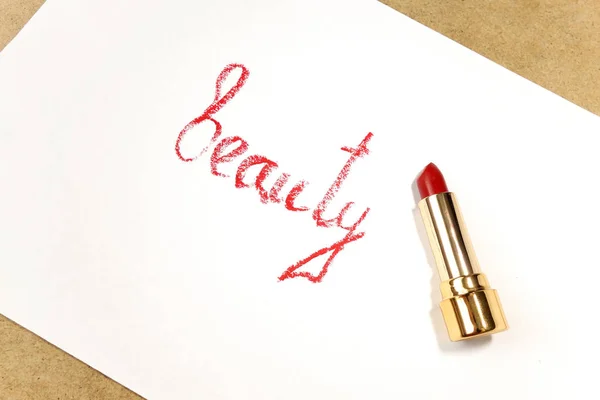 Rossetto Rosso Parola Inglese Fatta Con Rossetto Isolato Bianco — Foto Stock