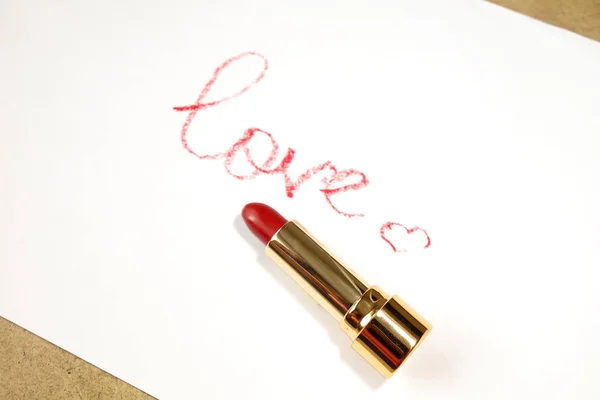 Red Lipstick Word English Made Lipstick Isolated White — Stock Photo, Image
