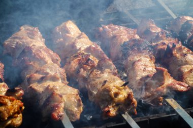 yaz barbekü ızgara et. sarımsak, soğan ve baharat ve ot ile taze et