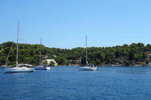 Vista Sul Mare Adriatico Con Yacht Blu Barche Porto Una — Foto Stock