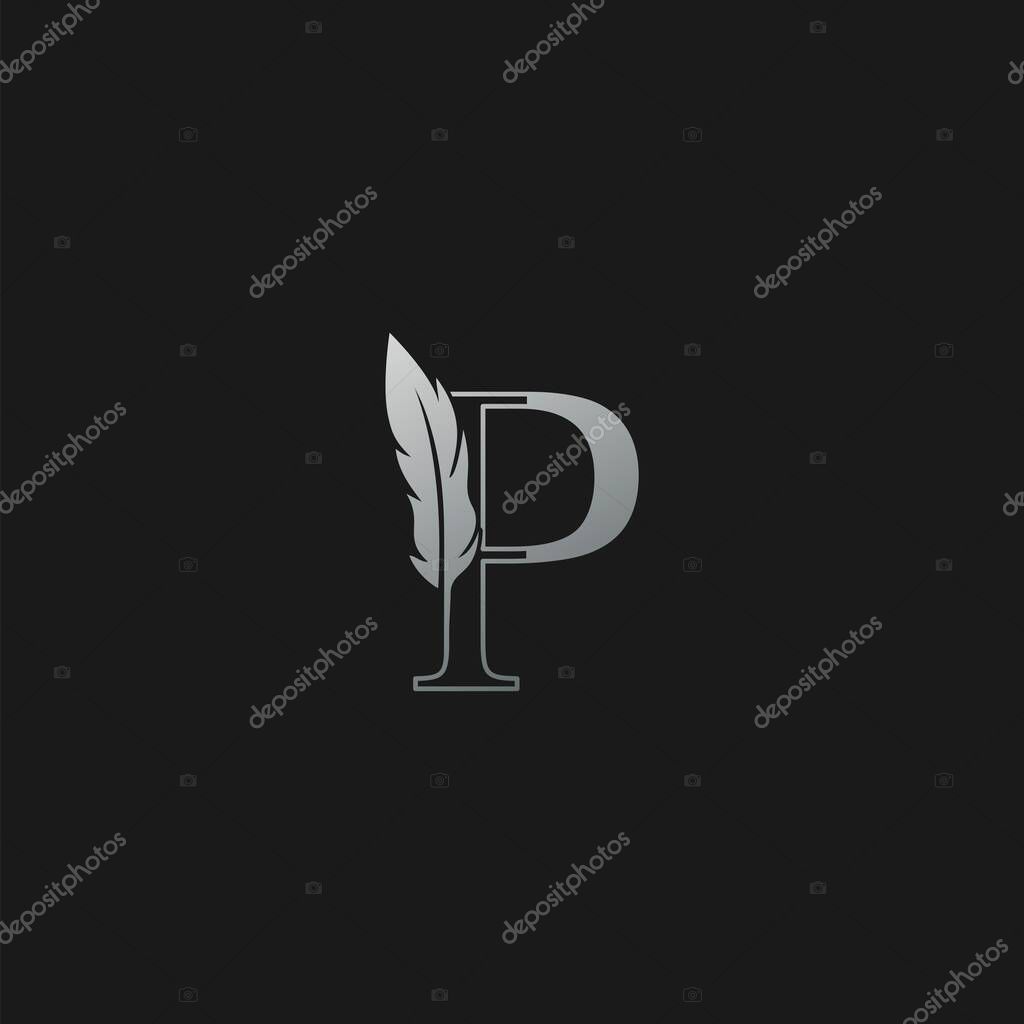 Initial P Letter Logo icon Luxury Feather. Monochrome design concept luxury feather element and outline letter logo icon for corporate, lawyer, notary, firm and more brand identity.