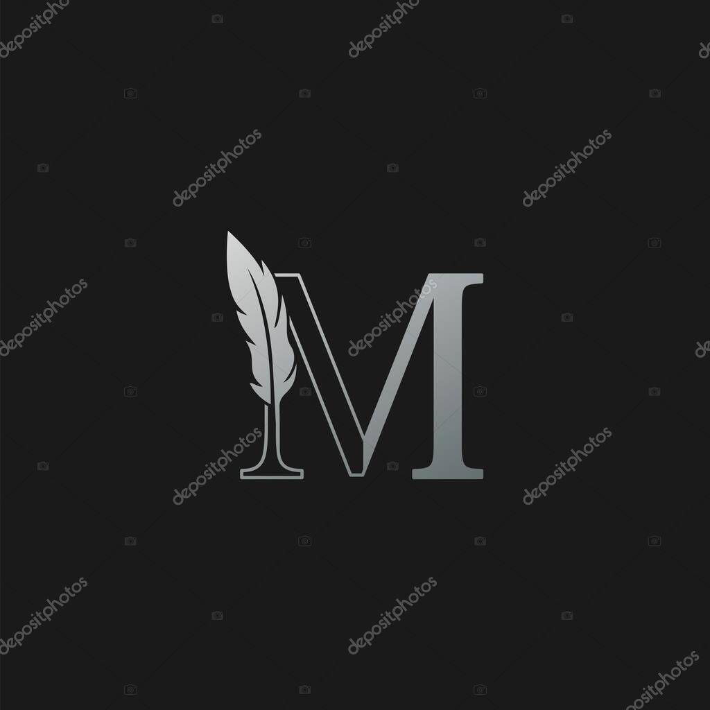 Initial M Letter Logo icon Luxury Feather. Monochrome design concept luxury feather element and outline letter logo icon for corporate, lawyer, notary, firm and more brand identity.