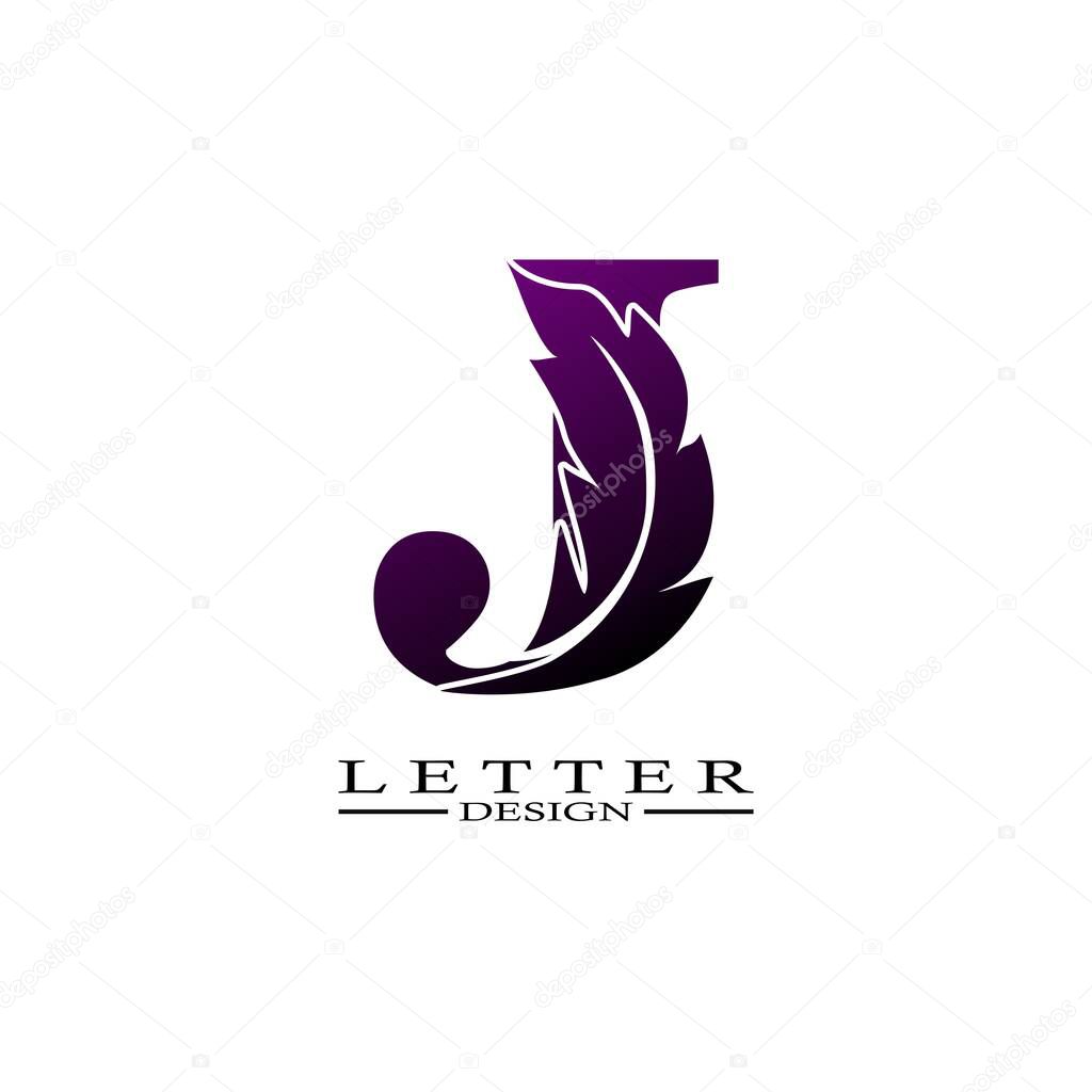 Initial Letter J Logo with feather. Trendy Design concept luxury feather element.
