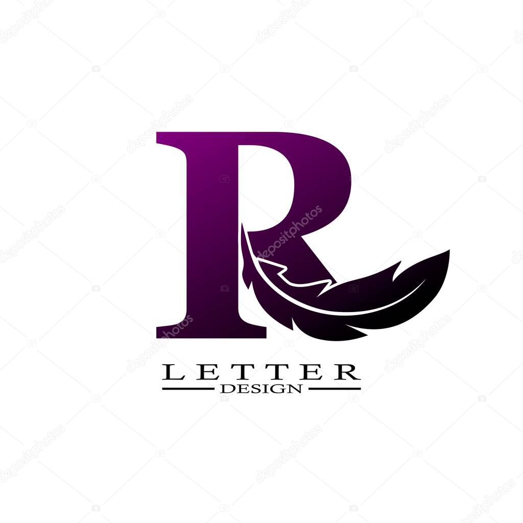 Initial Letter R Logo with feather. Trendy Design concept luxury feather element.