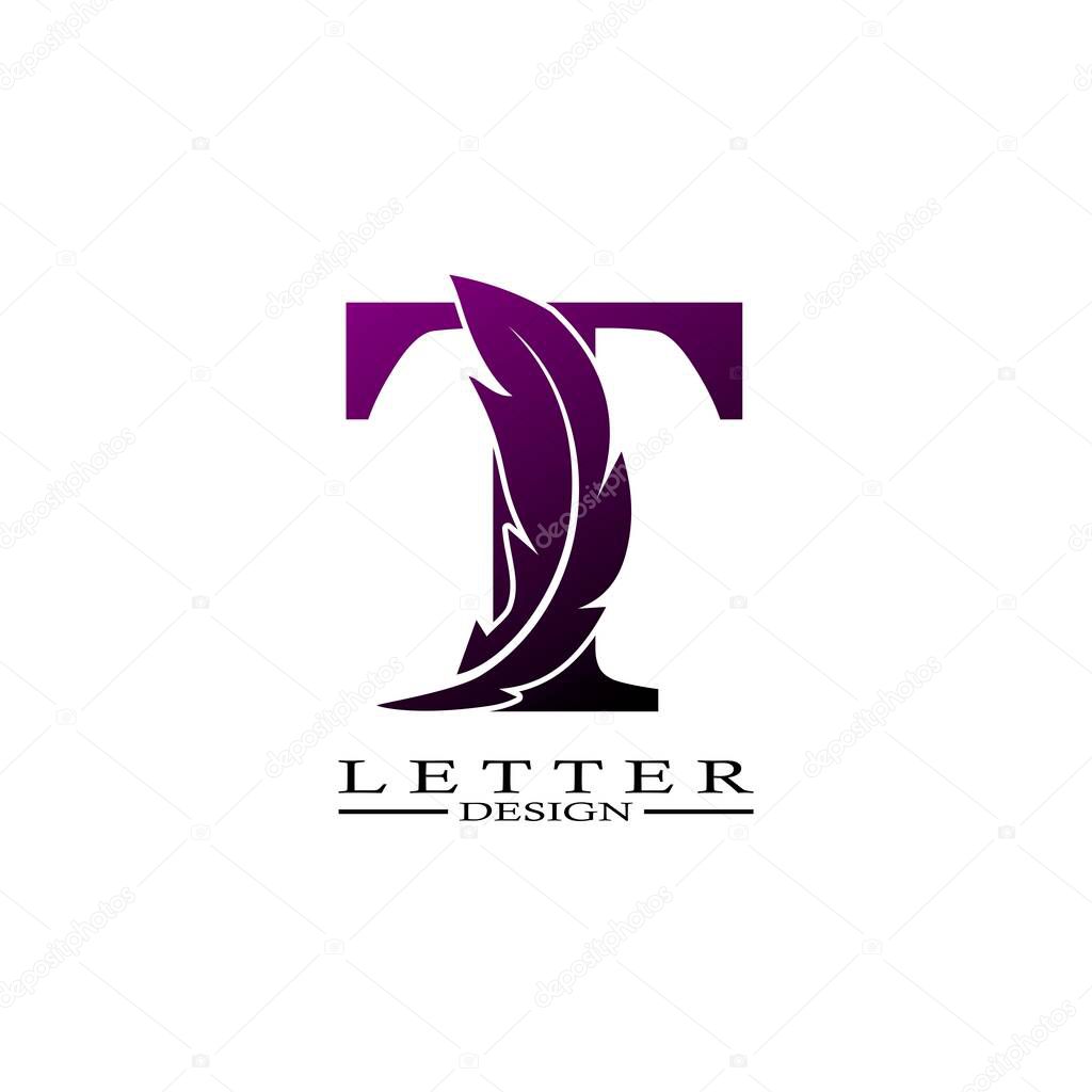 Initial Letter T Logo with feather. Trendy Design concept luxury feather element.