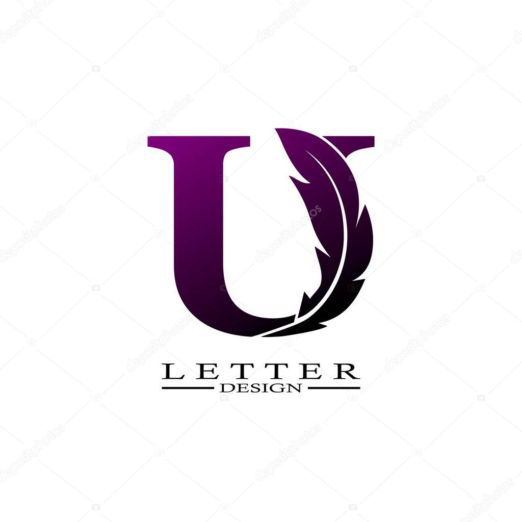 Initial Letter U Logo with feather. Trendy Design concept luxury feather element.