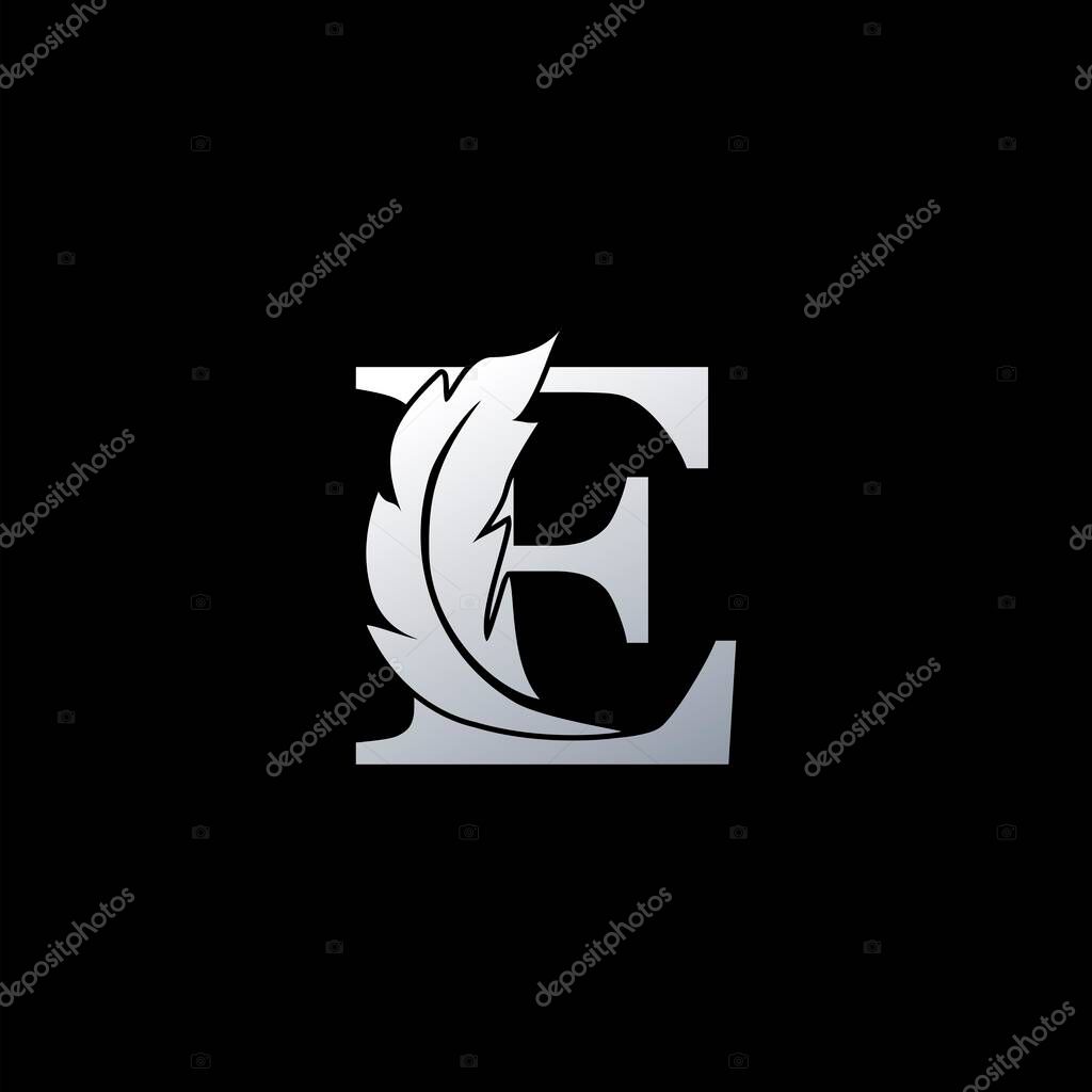 Initial Letter E Logo with feather. Trendy Design concept luxury feather element and Letter E for business, lawyer, notary, firm and more brand.
