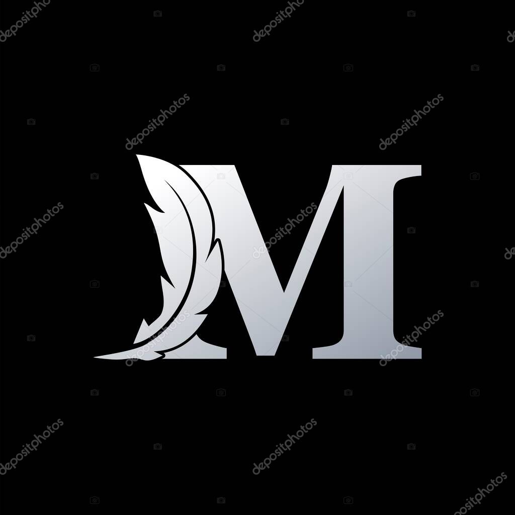 Initial Letter M Logo with feather. Trendy Design concept luxury feather element and Letter M for business, lawyer, notary, firm and more brand.