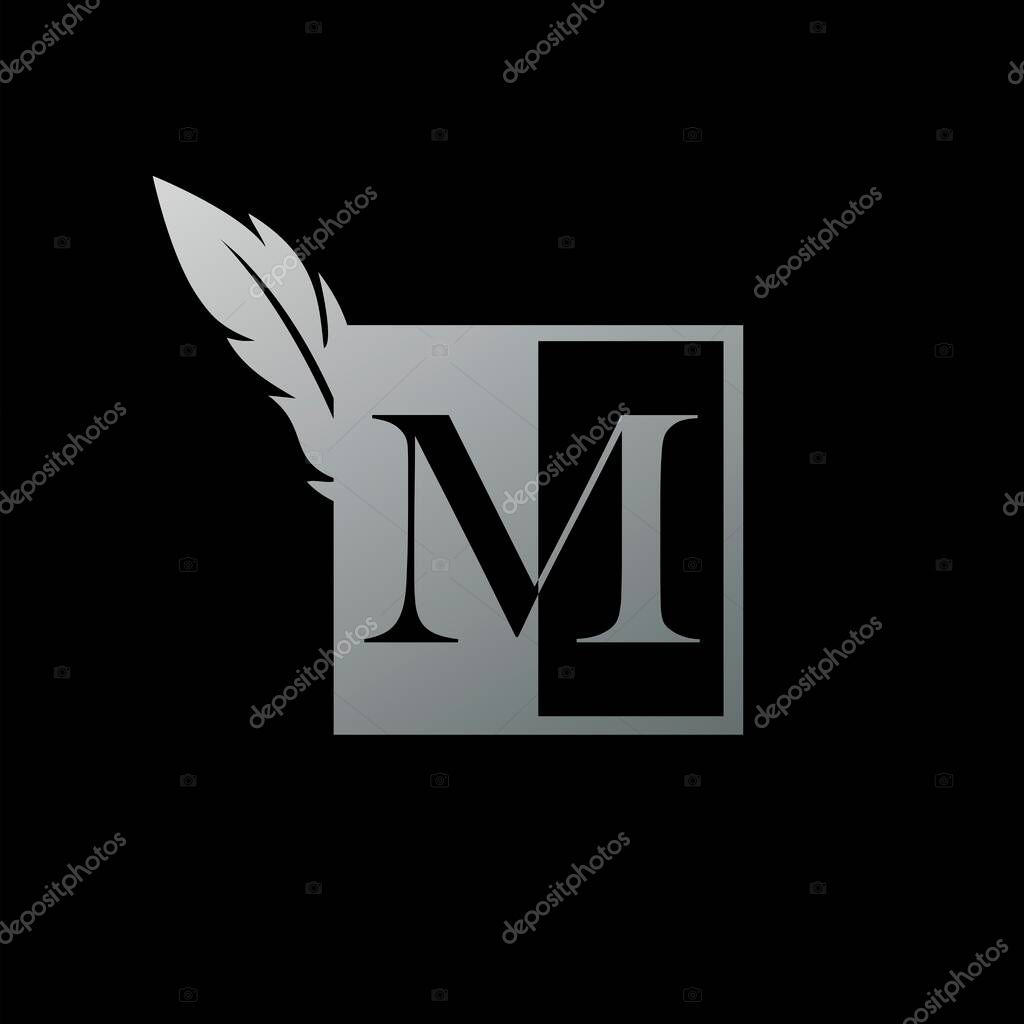 Initial M Letter Logo icon Square Feather. Vintage design concept geometric square feather element and outline letter logo icon for corporate, lawyer, notary, firm and more brand identity.