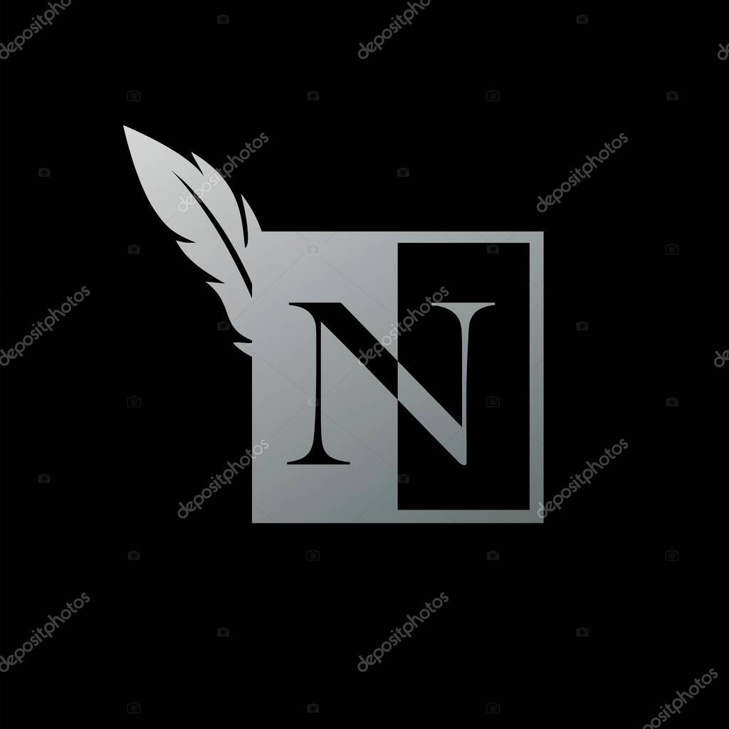 Initial N Letter Logo icon Square Feather. Vintage design concept geometric square feather element and outline letter logo icon for corporate, lawyer, notary, firm and more brand identity.