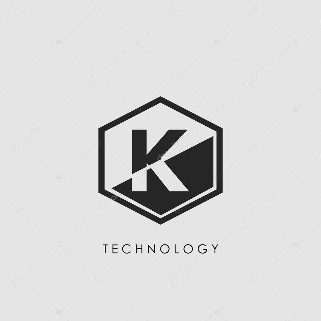 K Letter Hexagon Geometrical Techno Logo. Monogram Hexagon Geometric outline with letter logo icon for science technology vector design concept.