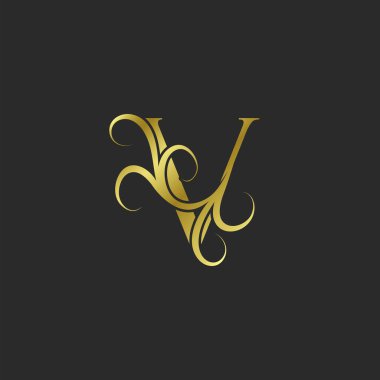 Altın V Harf Lüks logo simgesi. Dekoratif harf işareti ya da alfabe harfleri için tipografik vektör tasarımı. İlk olarak girdaplı çiçek yaprağı unsurları. Klasik, zarif, lüks stil konsepti..