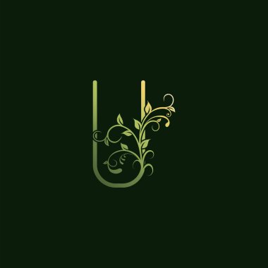 U Harfi Yeşil Çiçek Baş Logosu Simgesi. Vektör tasarımı konsepti dekoratif harf işareti için tipografik soyut çiçekleri süsler veya girdap şeklinde çiçek yaprakları, klasik, zarif, lüks stil.
