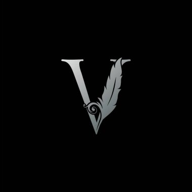 Lüks Tüy Harf V logosu simgesi. Hukuk, avukat, hukuk görevlisi, firma ve noter kimlikleri için monogram logosu tasarım konsepti