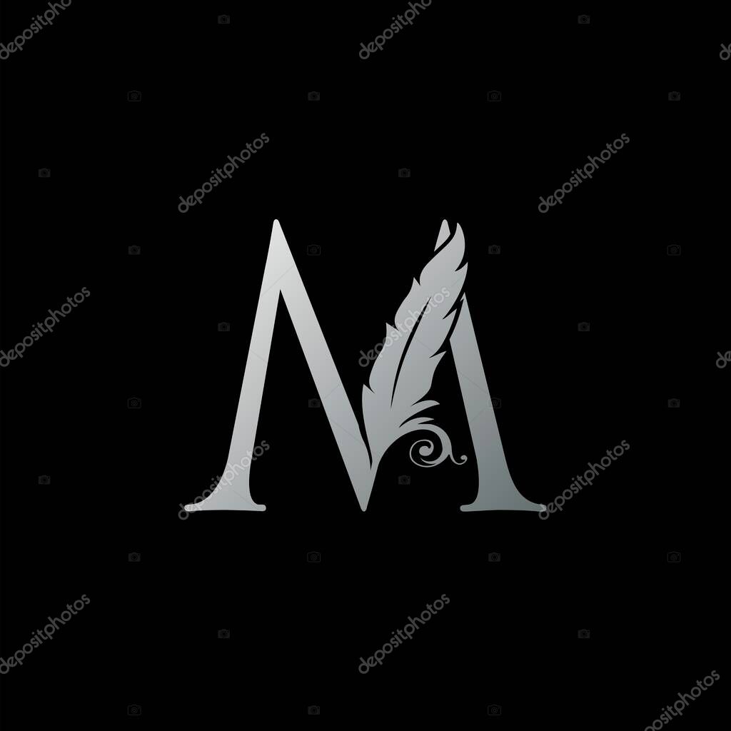 Luxury Feather Letter M logo Icon. Monogram logo template design concept for identity of law, lawyer, legal officer, firm, notary