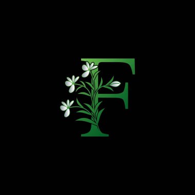 Yeşil Doğa Çiçeği Baş harfleri F logo simgesi, süslü çiçekli vektör harf ve doğal yaprak klipsi sanat şablonu tasarımı.