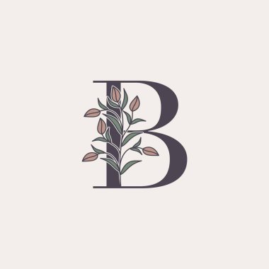 Süsleme Harfi B logo simgesi, çiçek ve doğal yaprak klipsi sanat tasarımlı vektör harfi.