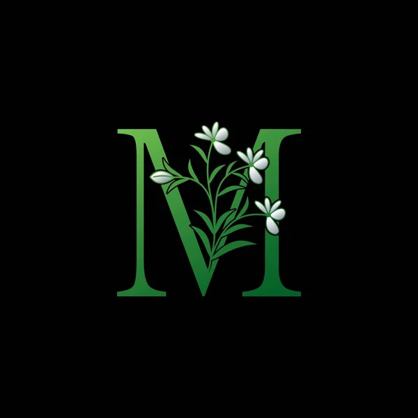 绿色自然花初始字母M标志图标 带有华丽花朵的矢量字母和自然叶剪贴画模板设计 — 图库矢量图片
