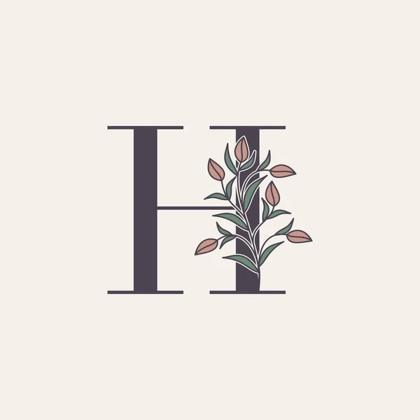 华丽的首字母H标志图标 矢量字母与花卉和自然叶夹艺术设计 — 图库矢量图片