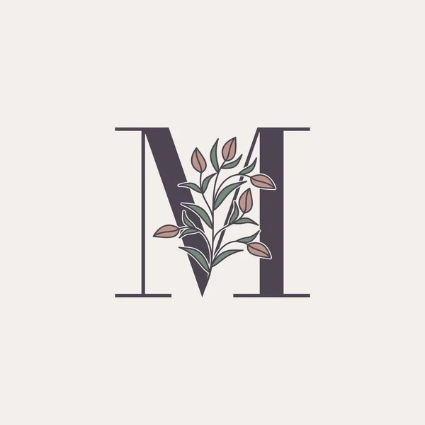 华丽的首字母M标志图标 矢量字母与花卉和自然叶夹艺术设计 — 图库矢量图片