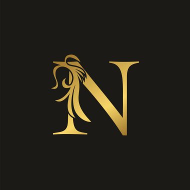 Altın Lüks Girdap Süsleme İlk Harf N logo simgesi, süslü girdap deco klipsi sanat şablonu tasarımlı vektör harfi.