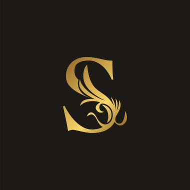 Altın Lüks Girdap Dekoratif S logo simgesi, süslü girdap deco klipsi sanat şablonu tasarımlı vektör harfi.