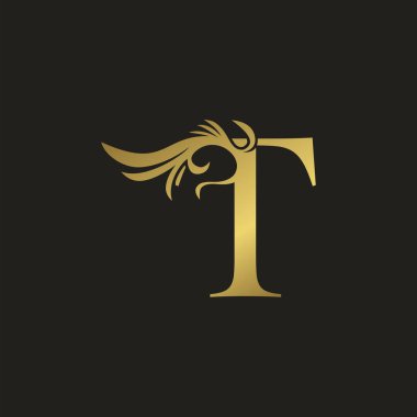 Altın Lüks Girdap Süsleme İlk Harf T logo simgesi, süslü girdap deco klipsi sanat şablonu tasarımlı vektör harfi.