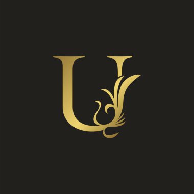 Altın Lüks Girdap Süsleme İlk Harf U logo simgesi, süslü girdap deco klipsi sanat şablonu tasarımlı vektör harfi.