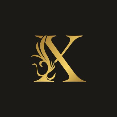 Altın Lüks Girdap Dekoratif Harf X logo simgesi, süslü girdap deco klipsi sanat şablonu tasarımlı vektör harfi.