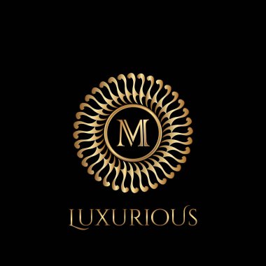 M harfi ve simetrik girdap şekilli vektör tasarım logosu altın rengi ile daire şeklinde lüks logo.