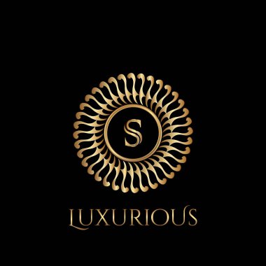 S harfli daire lüks logo ve simetrik girdap şekilli vektör tasarım logosu altın rengi.