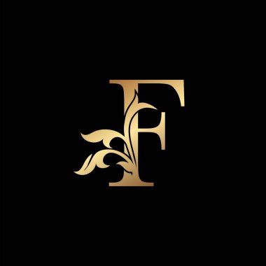 Altın Lüks Mektup F İlk Simge Şablon Tasarımı. Doğanın çiçek yapraklarını süsleyen monogram. Lüks iş kimlikleri için ilk harf altın rengi..