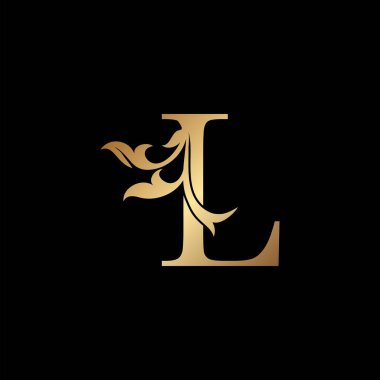 Altın Lüks Mektup L İlk Logo Simgesi Şablon Tasarımı. Doğanın çiçek yapraklarını süsleyen monogram. Lüks iş kimlikleri için ilk harf altın rengi..