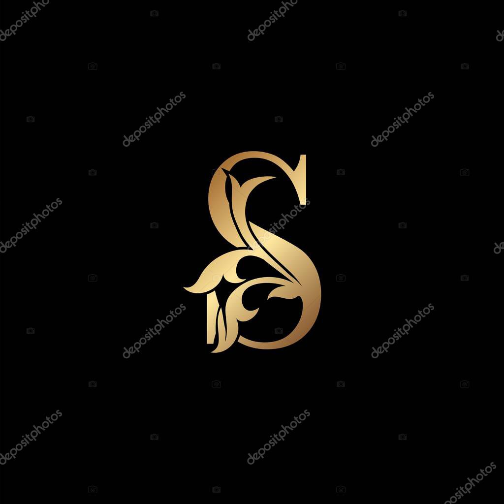 Golden Luxury Letter S Initial Logo Icon Template Design. Monogram ornate nature floral leaf with initial letter gold color for luxuries business identity.