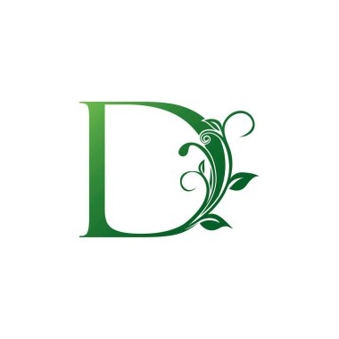 Yeşil Süslü Çiçek Harfi D logosu Simgesi, Lüks alfabe yazı tipi ilk vektör tasarımı beyaz arkaplan renginde izole edildi.