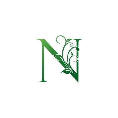 Yeşil Süslü Çiçek Harfi N logosu Simgesi, Lüks alfabe yazı tipi ilk vektör tasarımı beyaz arkaplan rengi üzerinde izole.