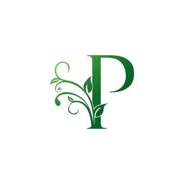 Yeşil Süslü Çiçek Harfi P logosu Simgesi, Lüks alfabe yazı tipi ilk vektör tasarımı beyaz arkaplan rengi üzerinde izole.