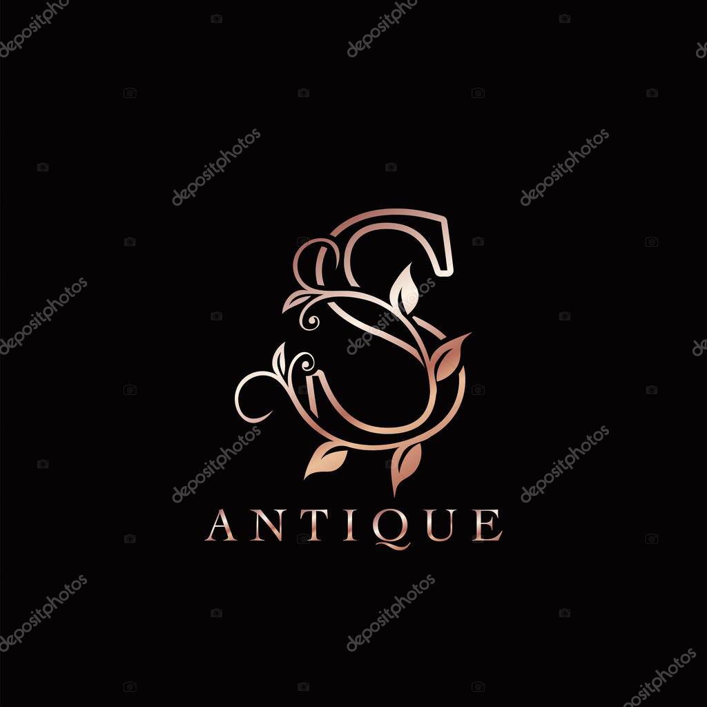 Gold Rose S Luxury Letter Logo Template Design. Monogram antique ornate nature floral leaf with initial letter gold rose color.