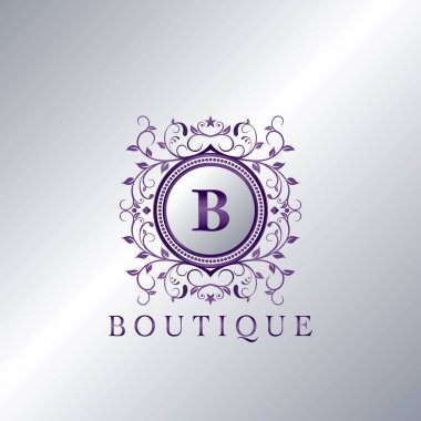 Modern Lüks Butik Harf B logosu. Mor metal çember çerçeve tasarımı ile eşsiz bir zarafet tasarımı çiçek süsü.