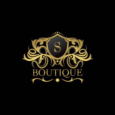 Dekorasyon, Restoran, Kraliyet, Butik, Cafe, Otel, Heraldiç, Mücevher, Moda ve diğer vektör çizimleri için vektör tasarımında lüks Butik Gold S Letter Logosu şablonu