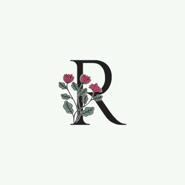 Zarif Doğa Çiçeği Baş harfleri R logo simgesi vektör süslü çiçek yaprağı klipsi sanat şablonu tasarımı.
